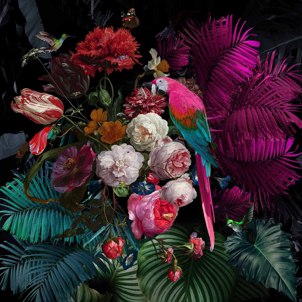 Glasschilderij 80x80cm Papegaai op bloemen