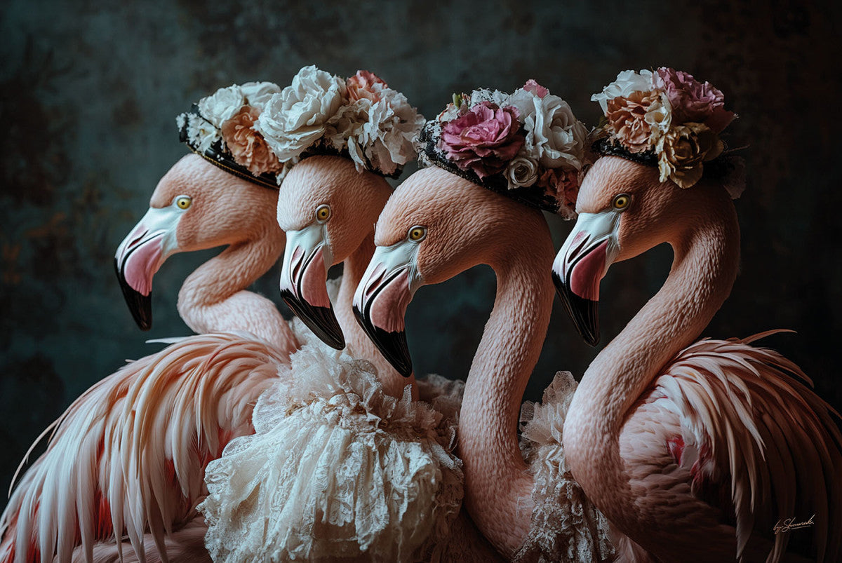 Glasschilderij 120x80cm Flamingos met bloemenhoedjes