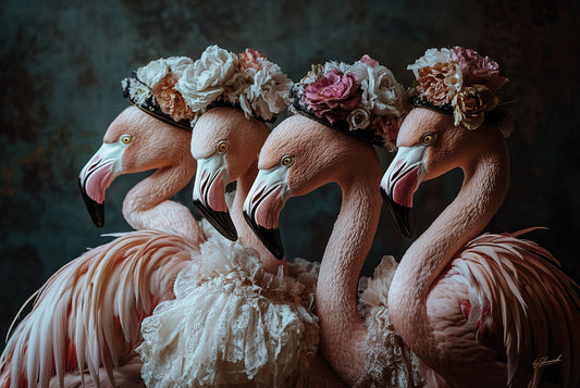 Glasschilderij 120x80cm Flamingos met bloemenhoedjes