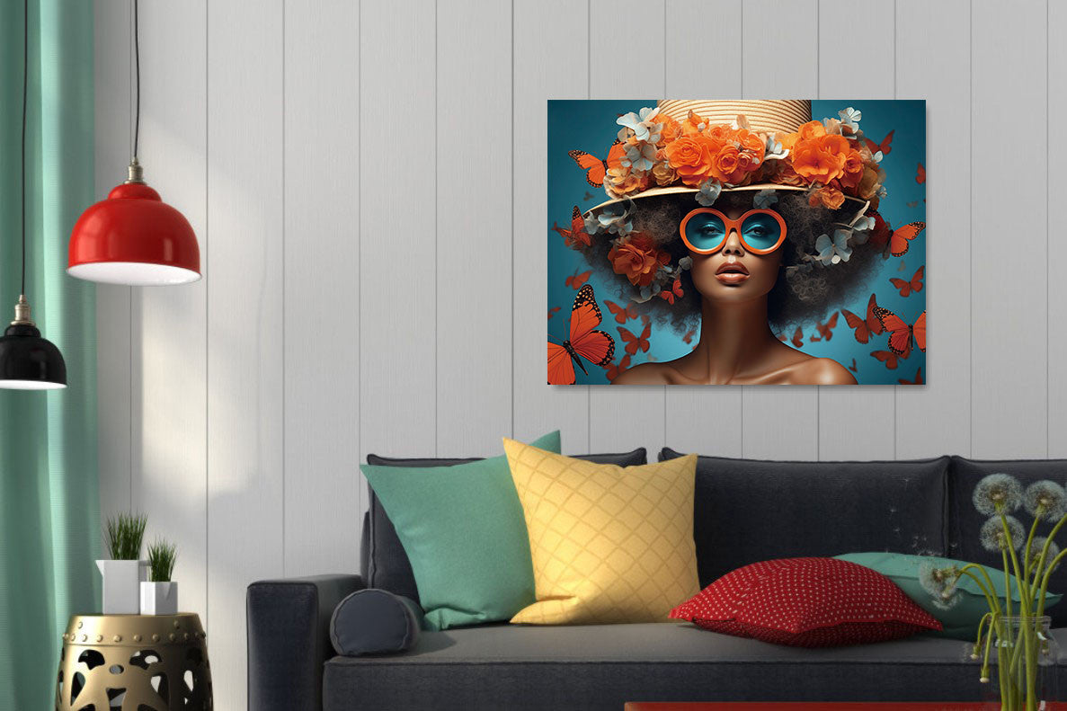 Glasbild «Frau mit orangefarbenen Schmetterlingen und Brille» 60 × 80 cm – Goldfolie – Ansicht 2