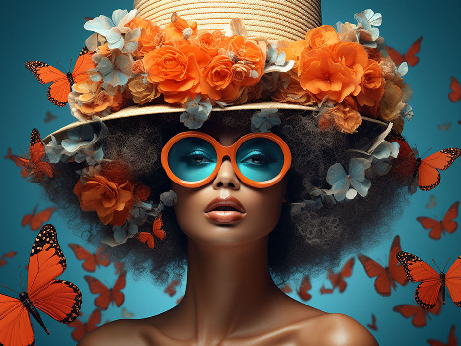 Glasbild «Frau mit orangefarbenen Schmetterlingen und Brille» 60 × 80 cm – Goldfolie