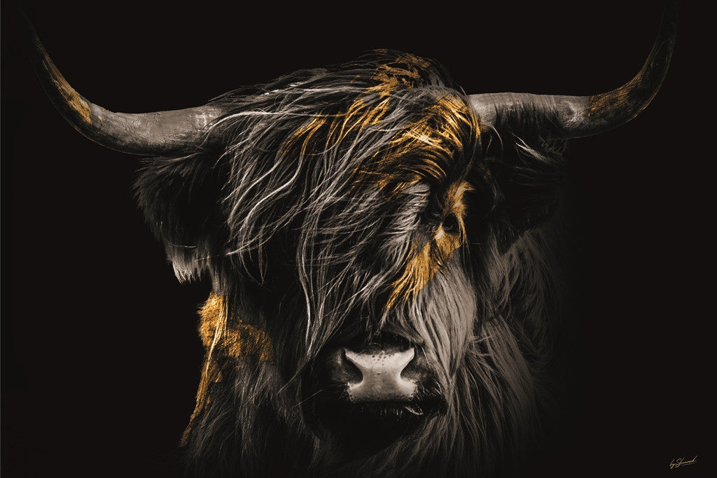 Glasschilderij 120x80cm Hooglander met goud