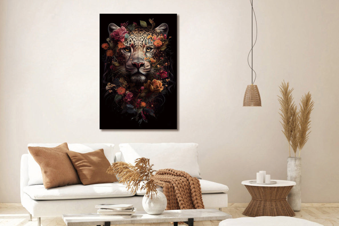 Glasbild 80x120cm Panther mit orangefarbenen Blumen