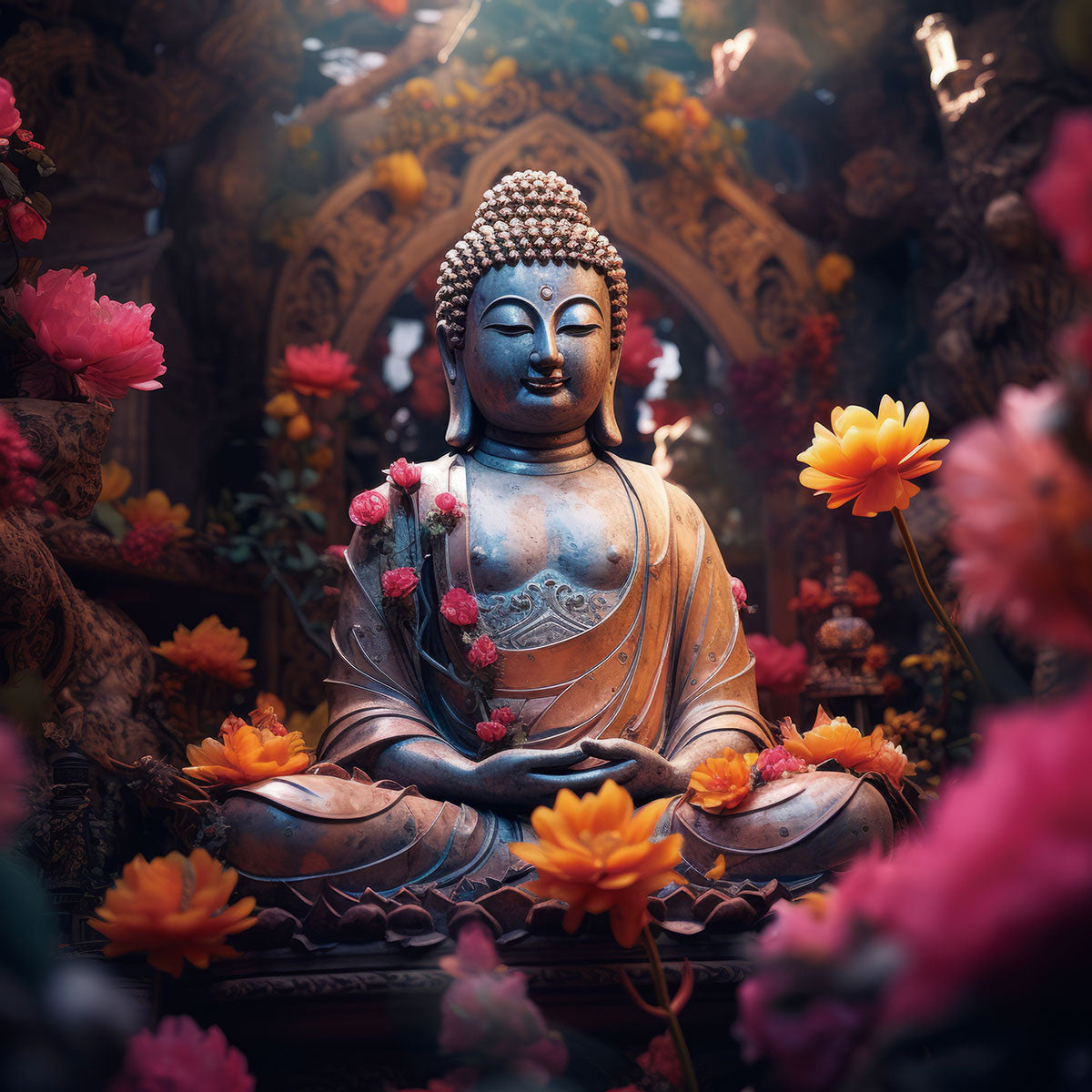 Glasbild «Buddha mit pinken Blumen» 80 × 80 cm