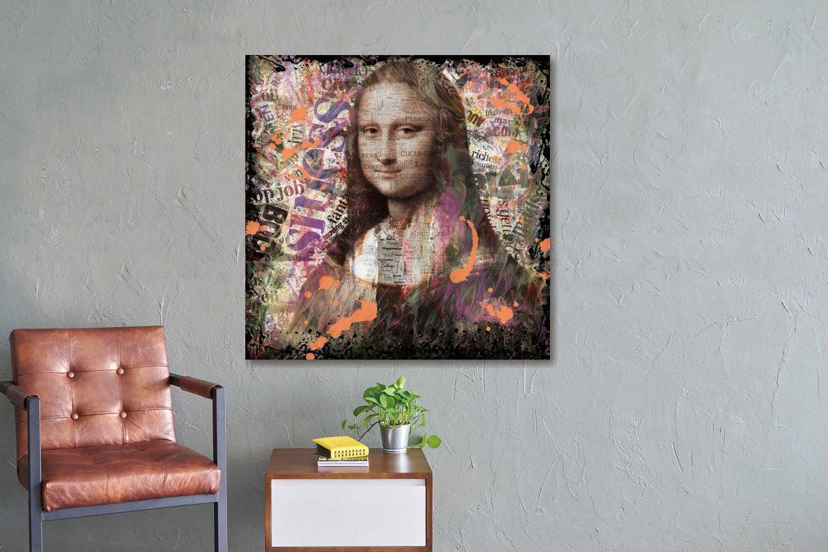 Glasbild 100x100cm Mona Lisa mit Zeitungen