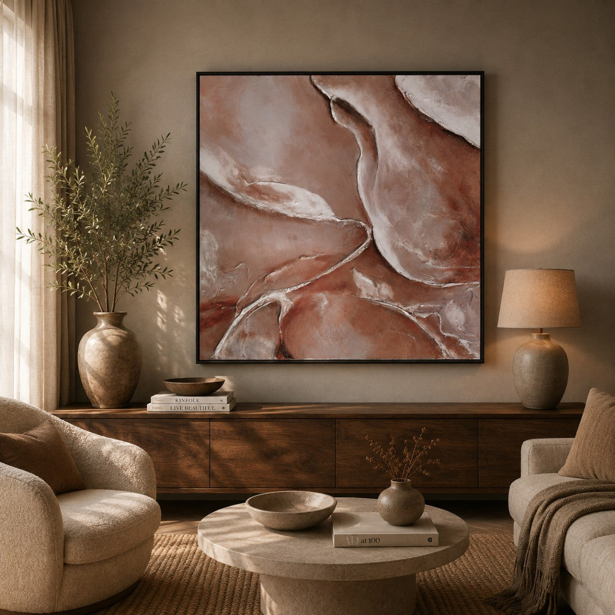 Ölgemälde «Hochglanz Beige» 100 × 100 cm mit Rahmen