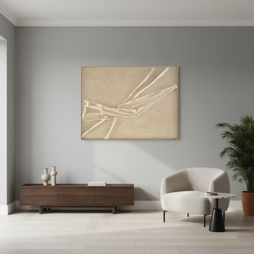 Ölgemälde «Gefaltetes Beige» 90 × 120 cm mit Rahmen, handgemalt – Ansicht 3