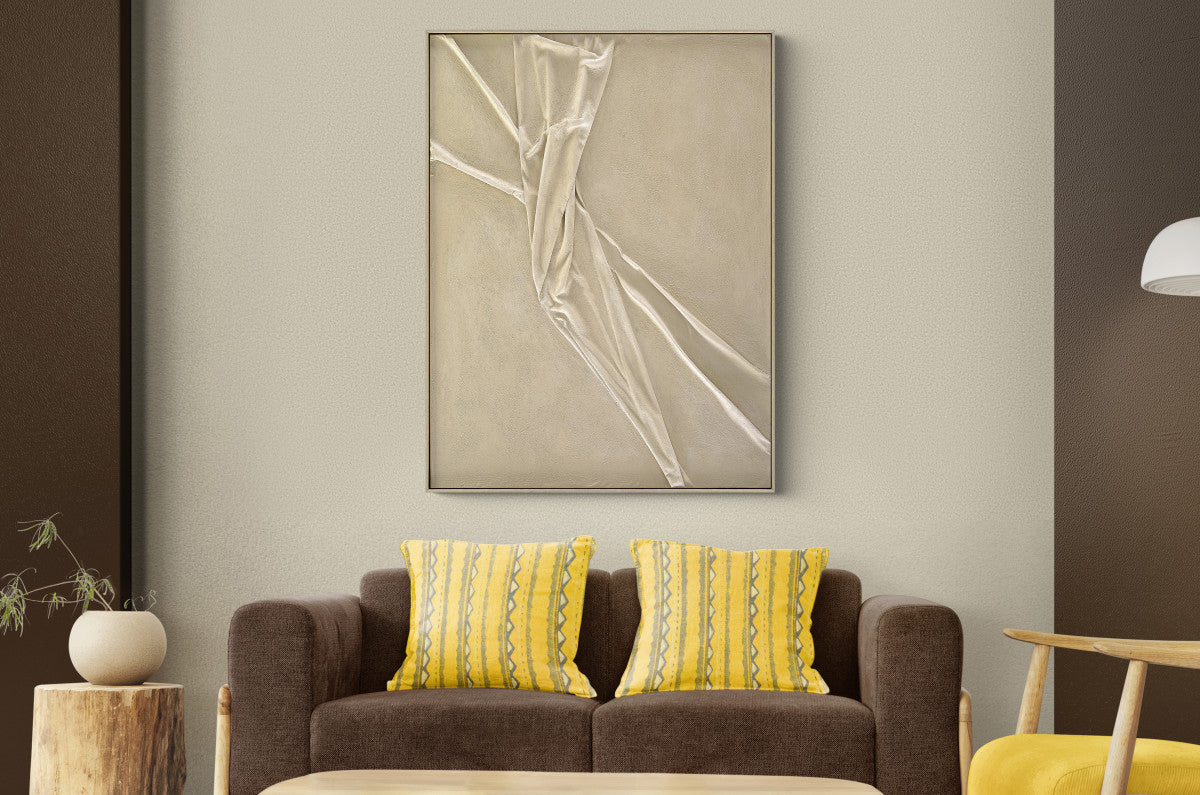 Ölgemälde «Gefaltetes Beige» 90 × 120 cm mit Rahmen, handgemalt
