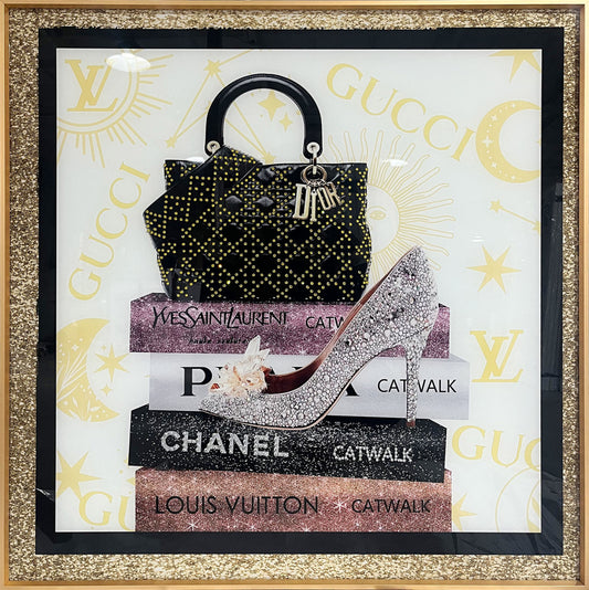 Glasschilderij met kristallen en lijst 80x80cm Tas op boeken