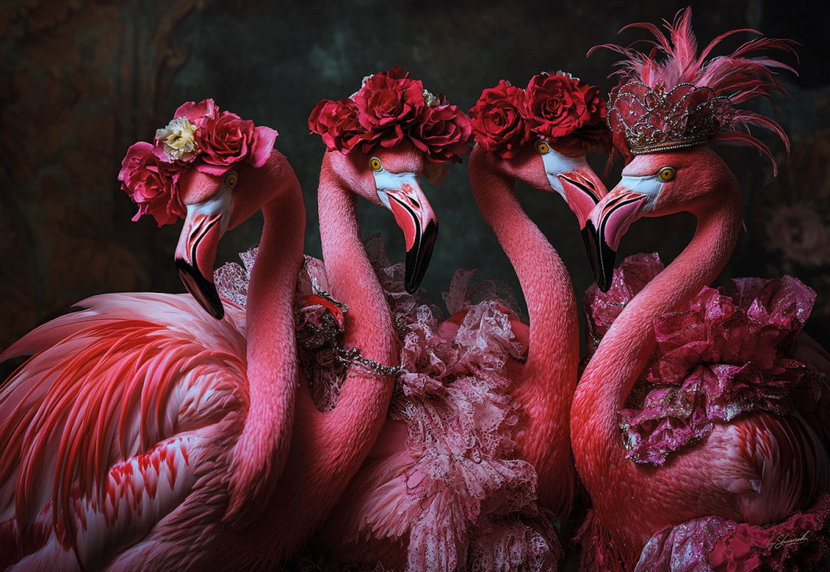 Glasbild «Flamingos mit Blumenkrone» 160 × 110 cm