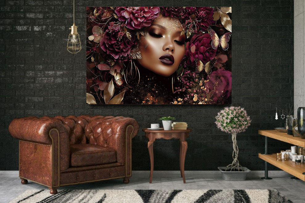Glasbild «Goldene Frau mit Blumen 2» 120 × 80 cm – Ansicht 2