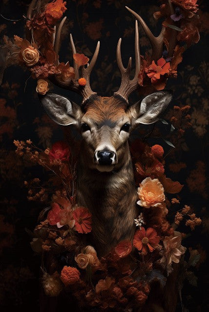 Glasbild «Hirsch mit Blumen» 80 × 120 cm