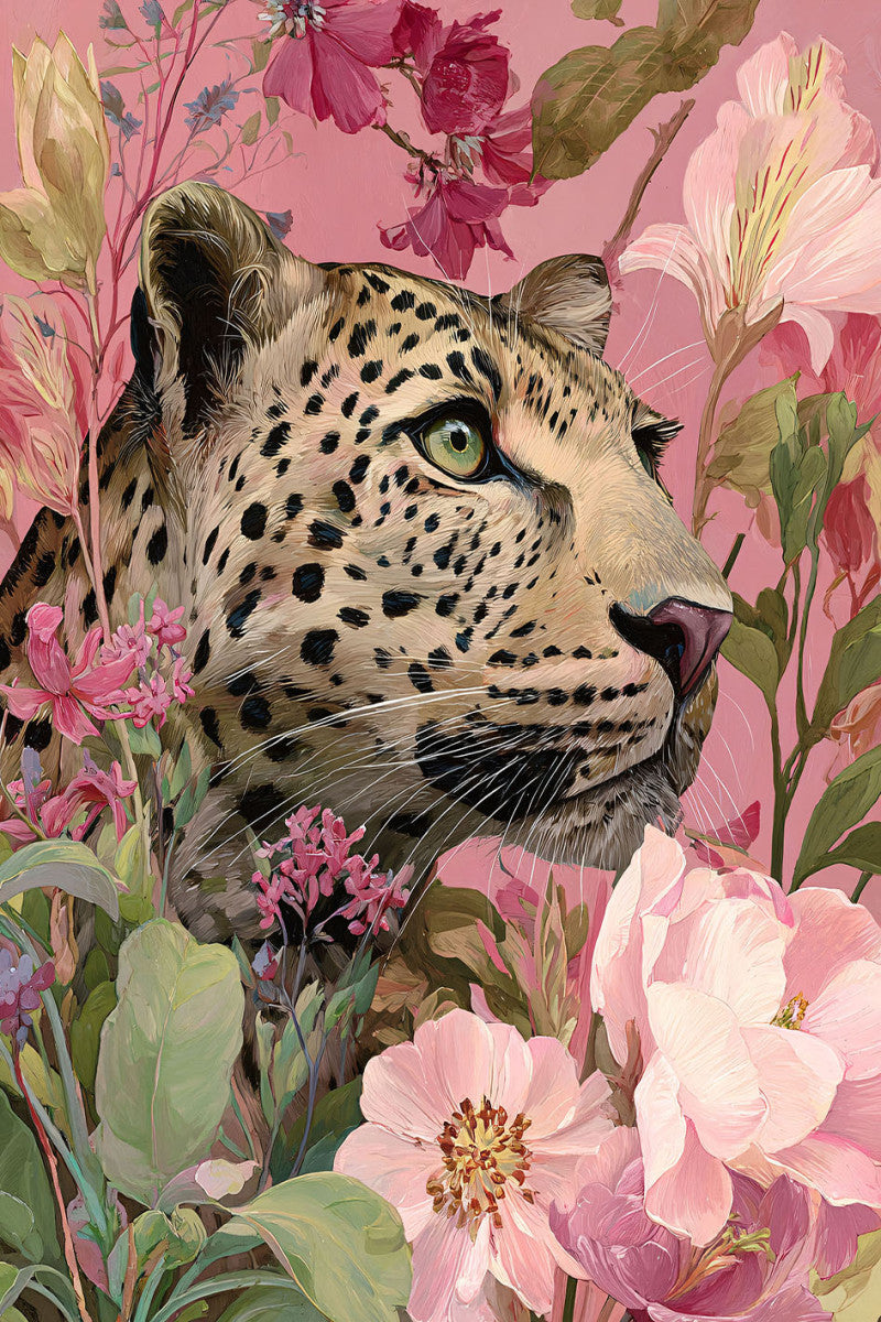 Glasbild «Panther zwischen den rosa Blumen» 80 × 120 cm