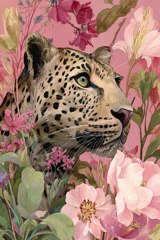 Glasbild «Panther zwischen den rosa Blumen» 80 × 120 cm