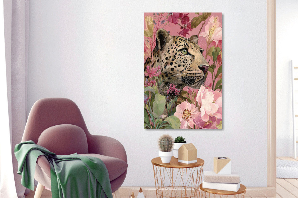 Glasbild «Panther zwischen den rosa Blumen» 80 × 120 cm – Ansicht 2