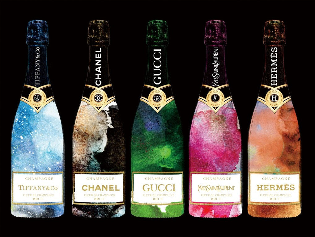 Glasbild «Gemalte Champagnerflaschen» 80 × 60 cm – Goldfolie