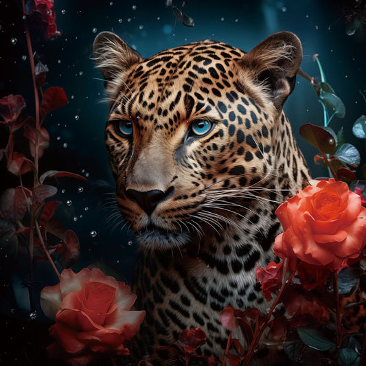 Glasbild 80x80cm Panther mit Rosen