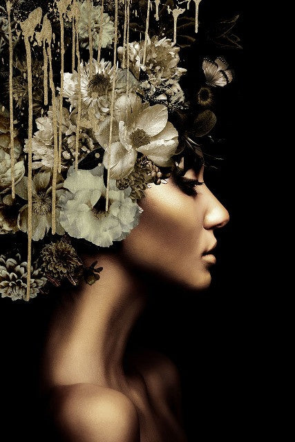 Glasschilderij 80x120cm Dame met goud