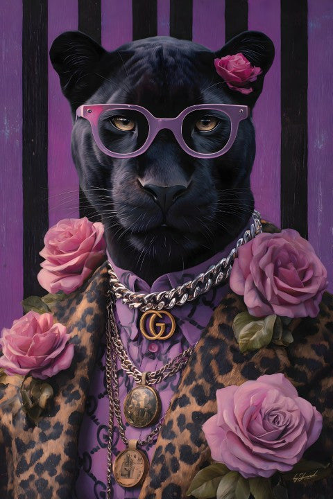 Glasbild «Lila Panther mit Brille» 80 × 120 cm