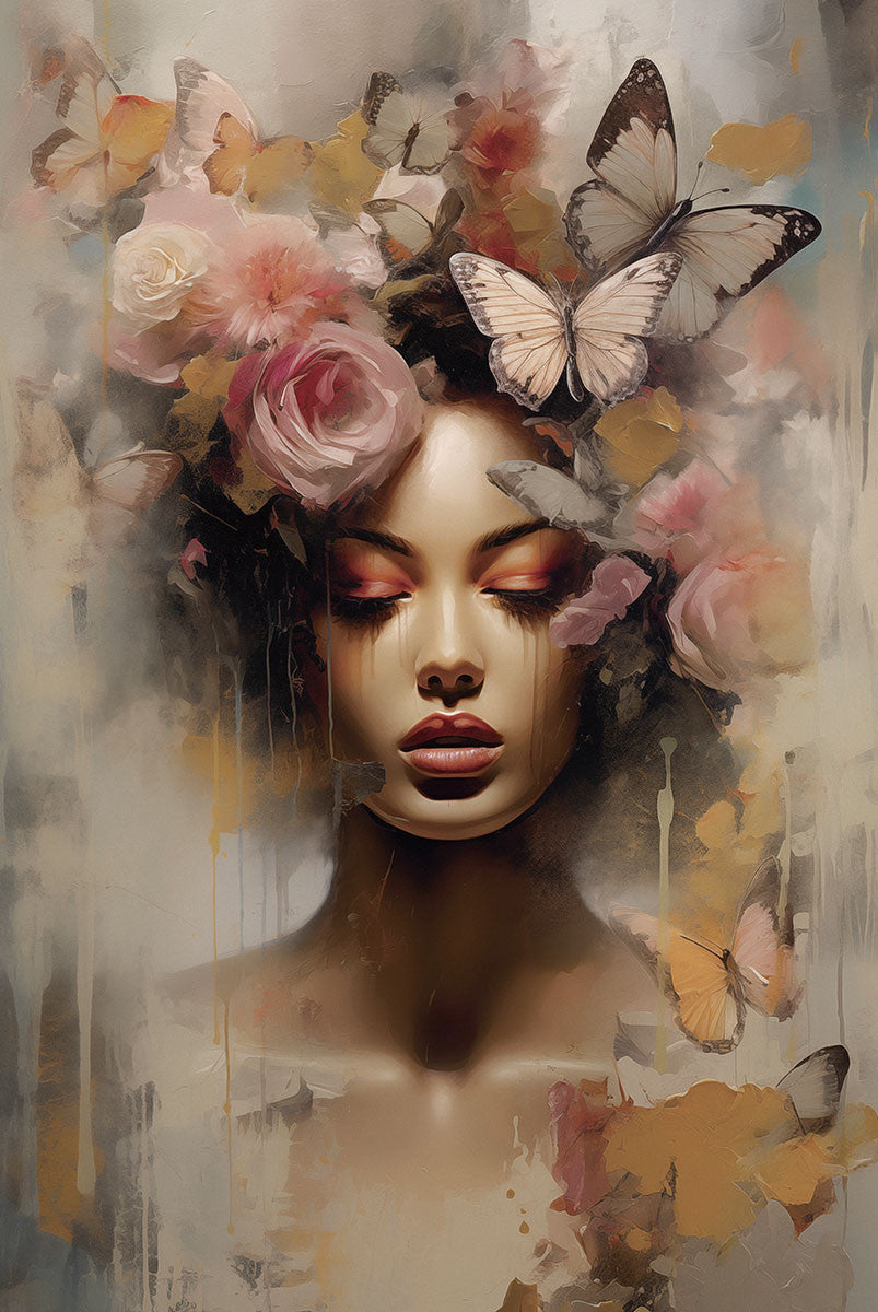 Glasbild «Frau mit Schmetterlingen und Blumen» 80 × 120 cm