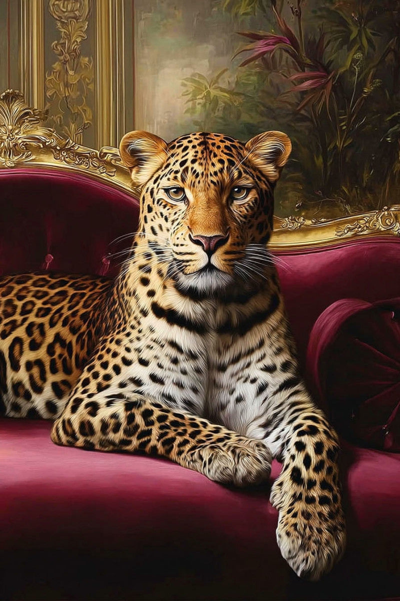 Glasbild «Panther auf eleganter Bank» 120 × 80 cm