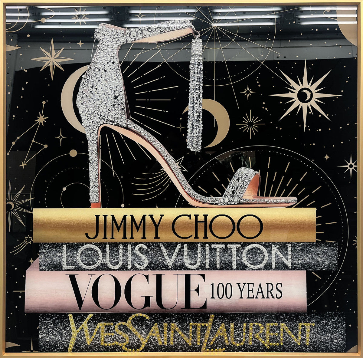 Glasschilderij met kristallen en lijst 80x80cm Hak op boeken