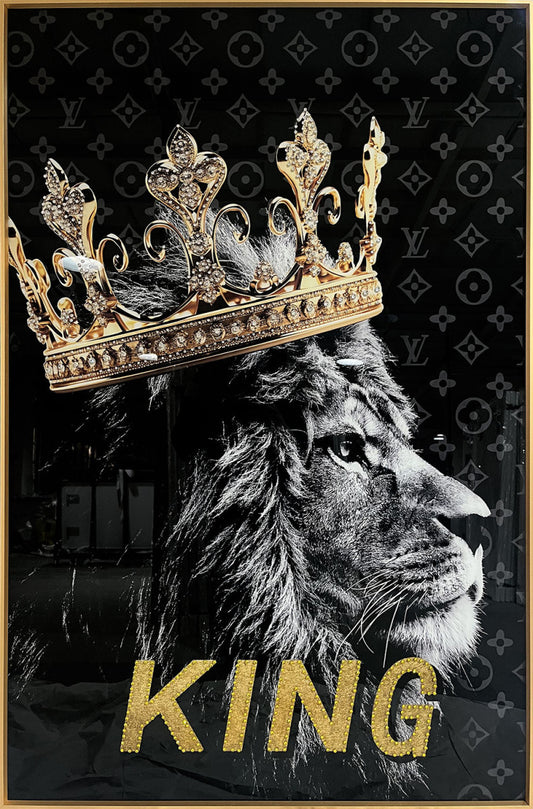 Glasschilderij met kristallen en lijst 80x120cm Leeuw met kroon