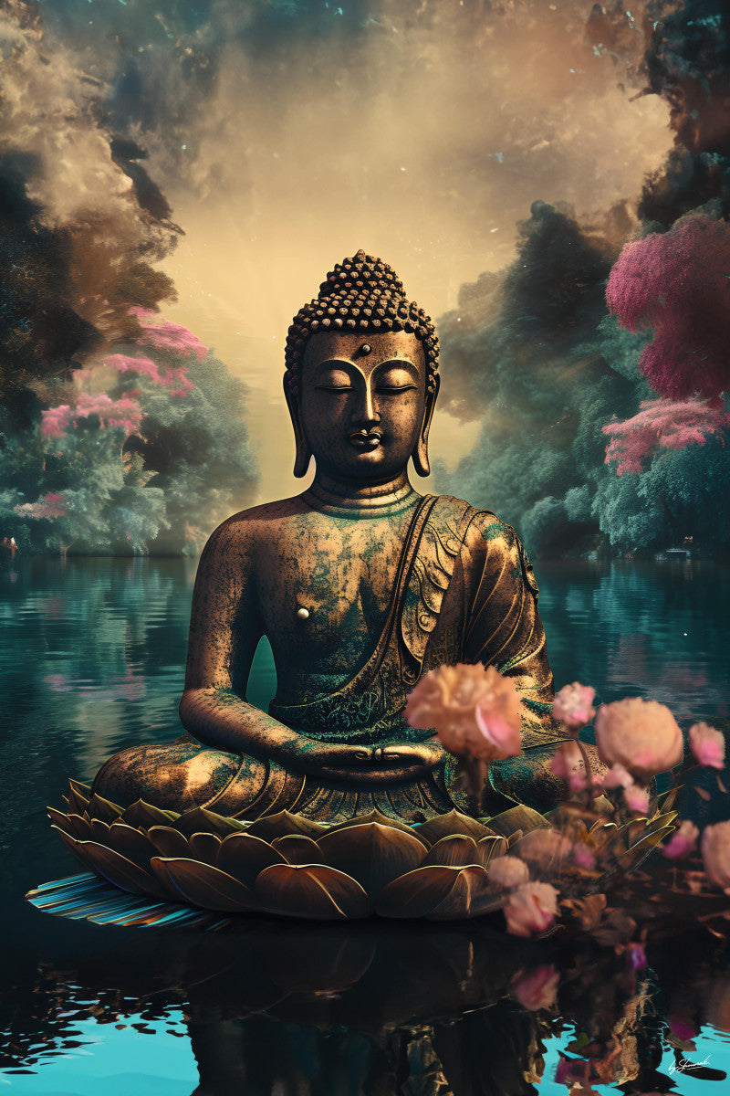 Glasschilderij 80x120cm Gouden boeddha op het water