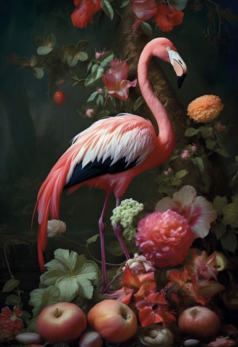 Glasbild 110x160cm Flamingo mit Blumen