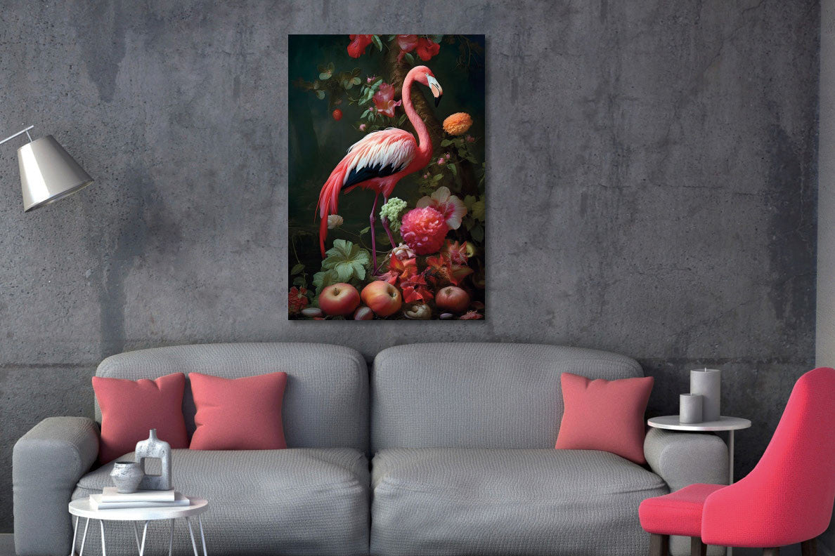 Glasbild 110x160cm Flamingo mit Blumen