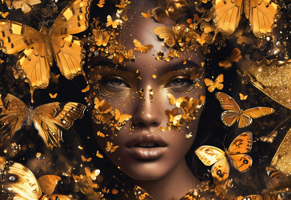 Glasschilderij 160x110cm Vrouw met gouden vlinders