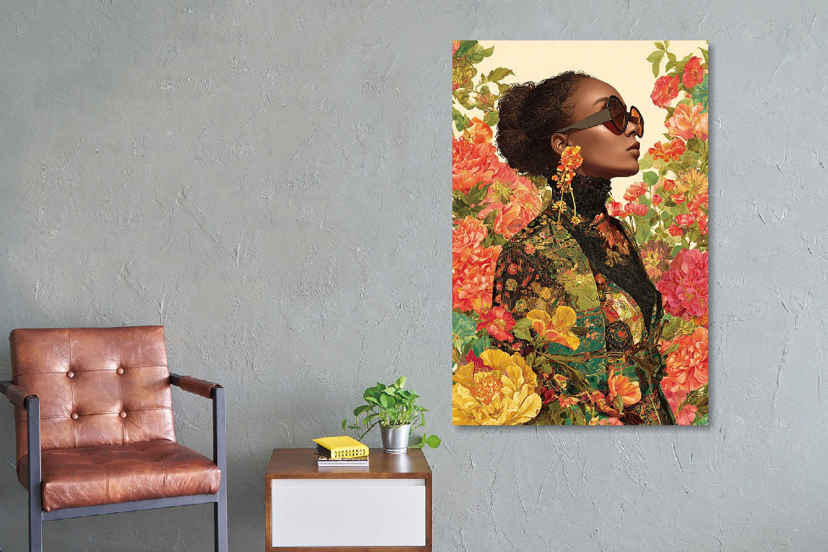 Glasbild «Frau mit bunten Blumen 2» 80 × 120 cm – Ansicht 2