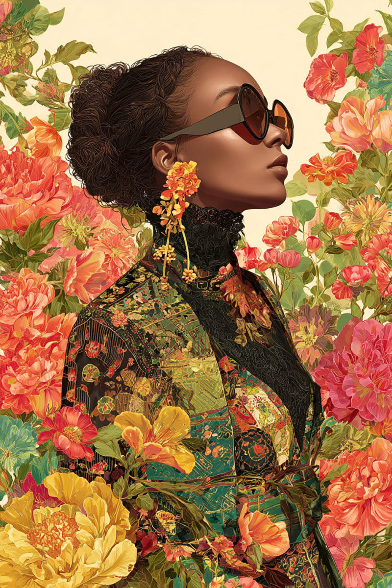 Glasbild «Frau mit bunten Blumen 2» 80 × 120 cm