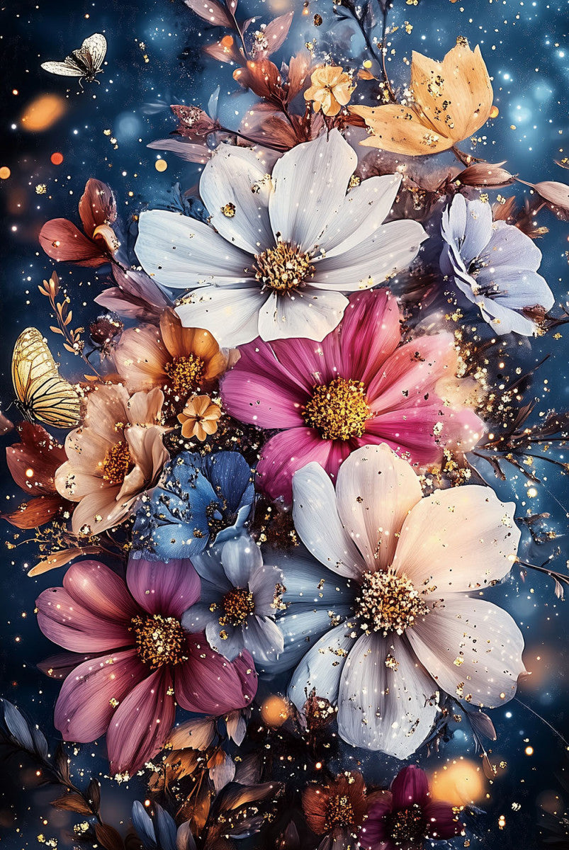 Glasschilderij 80x120cm Bloemen met lichtjes verticaal