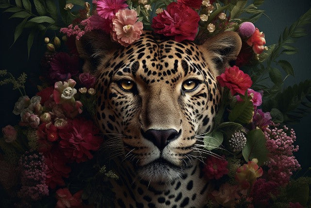 Glasbild «Panther mit Blumen» 120 × 80 cm