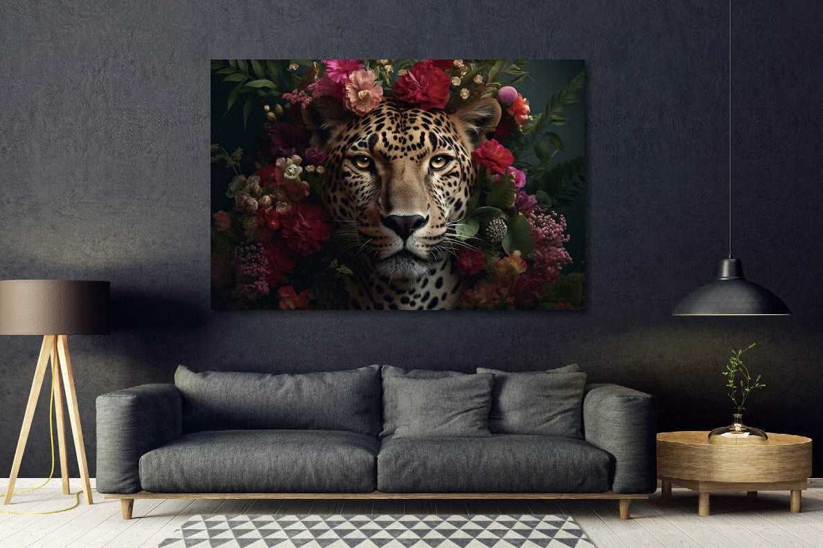 Glasbild 120x80cm Panther mit Blumen