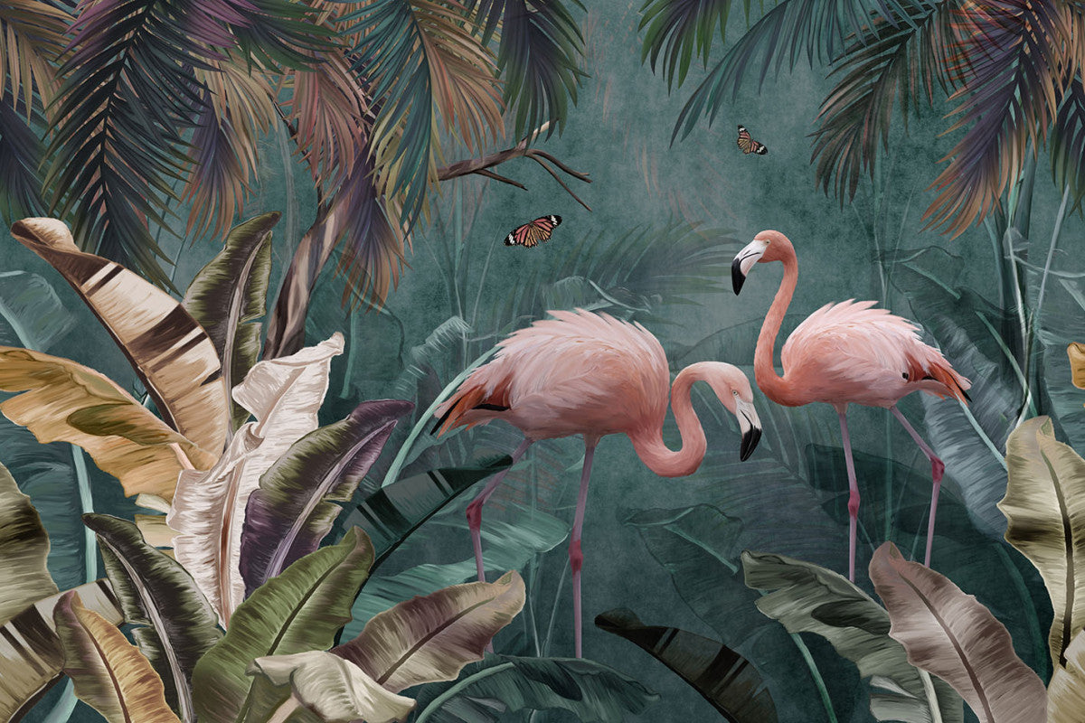 Glasbild «Flamingos im Wald» 120 × 80 cm