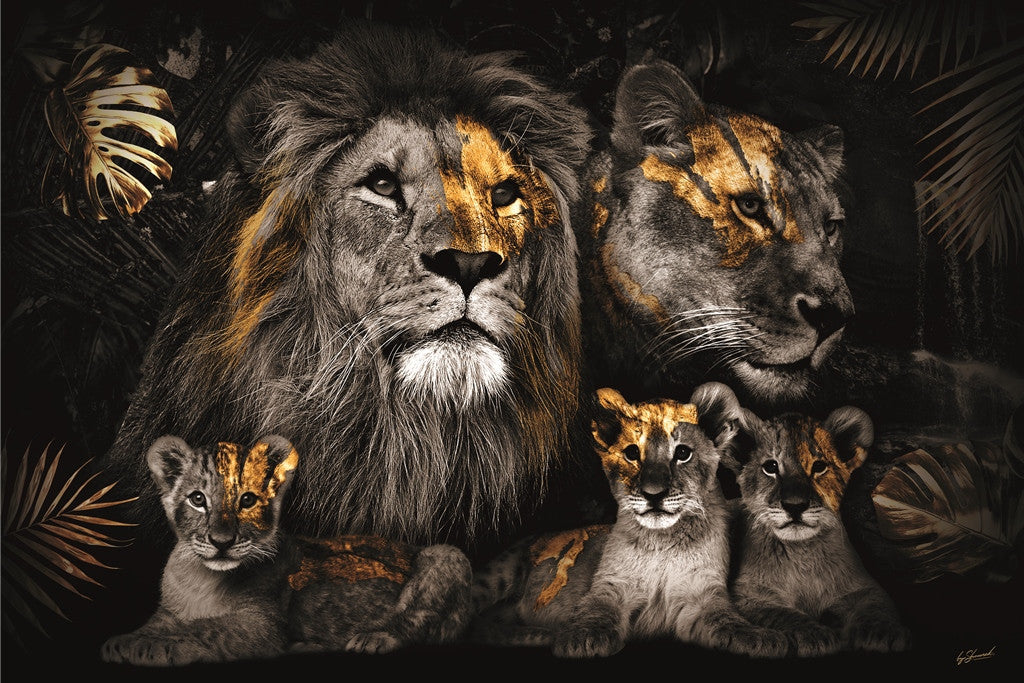 Glasbild «Löwenfamilie mit 3 Jungtieren» 120 × 80 cm