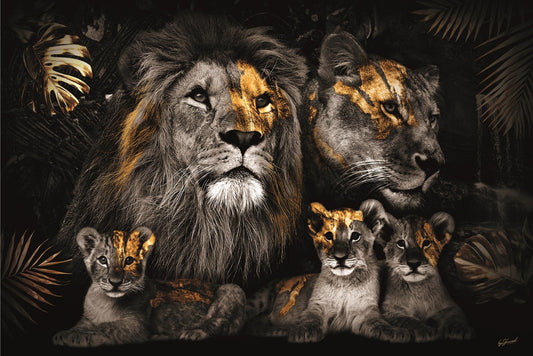 Glasbild «Löwenfamilie mit 3 Jungtieren» 120 × 80 cm