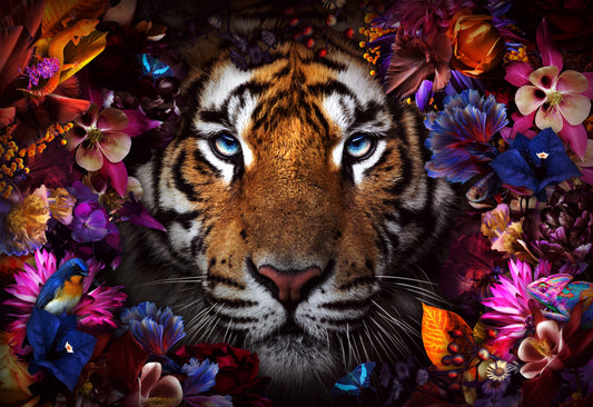 Glasbild 160x110cm Tiger mit Blumen