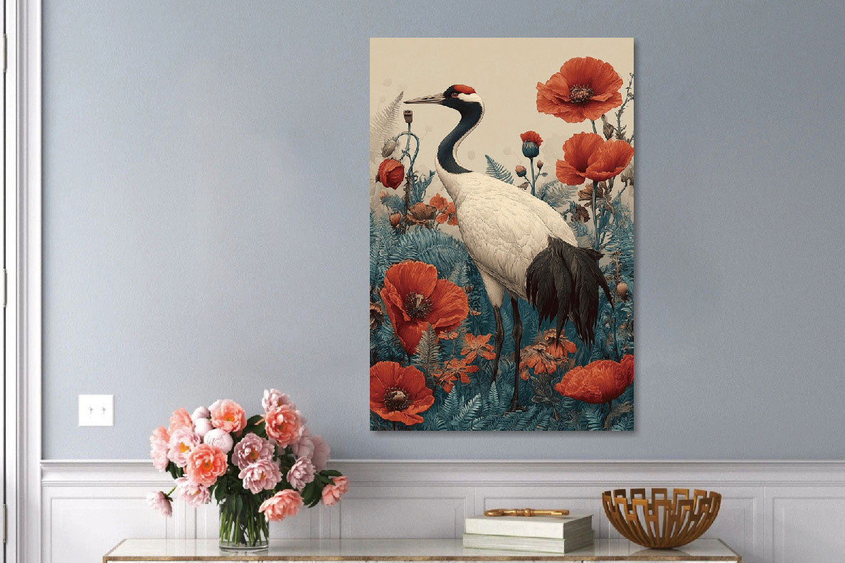 Glasbild «Reiher zwischen den roten Blumen» 80 × 120 cm – Ansicht 2