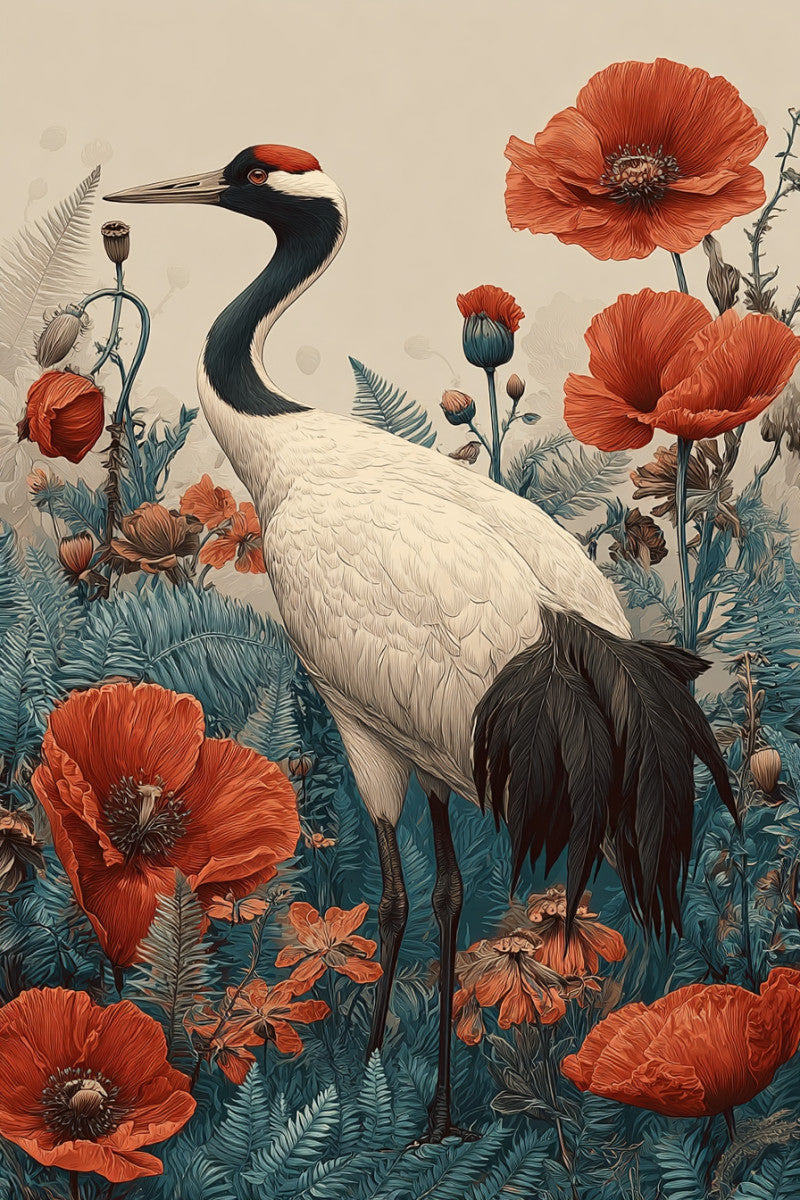 Glasbild «Reiher zwischen den roten Blumen» 80 × 120 cm