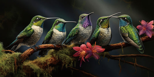 Glasbild «Kolibris in einer Reihe» 160 × 80 cm