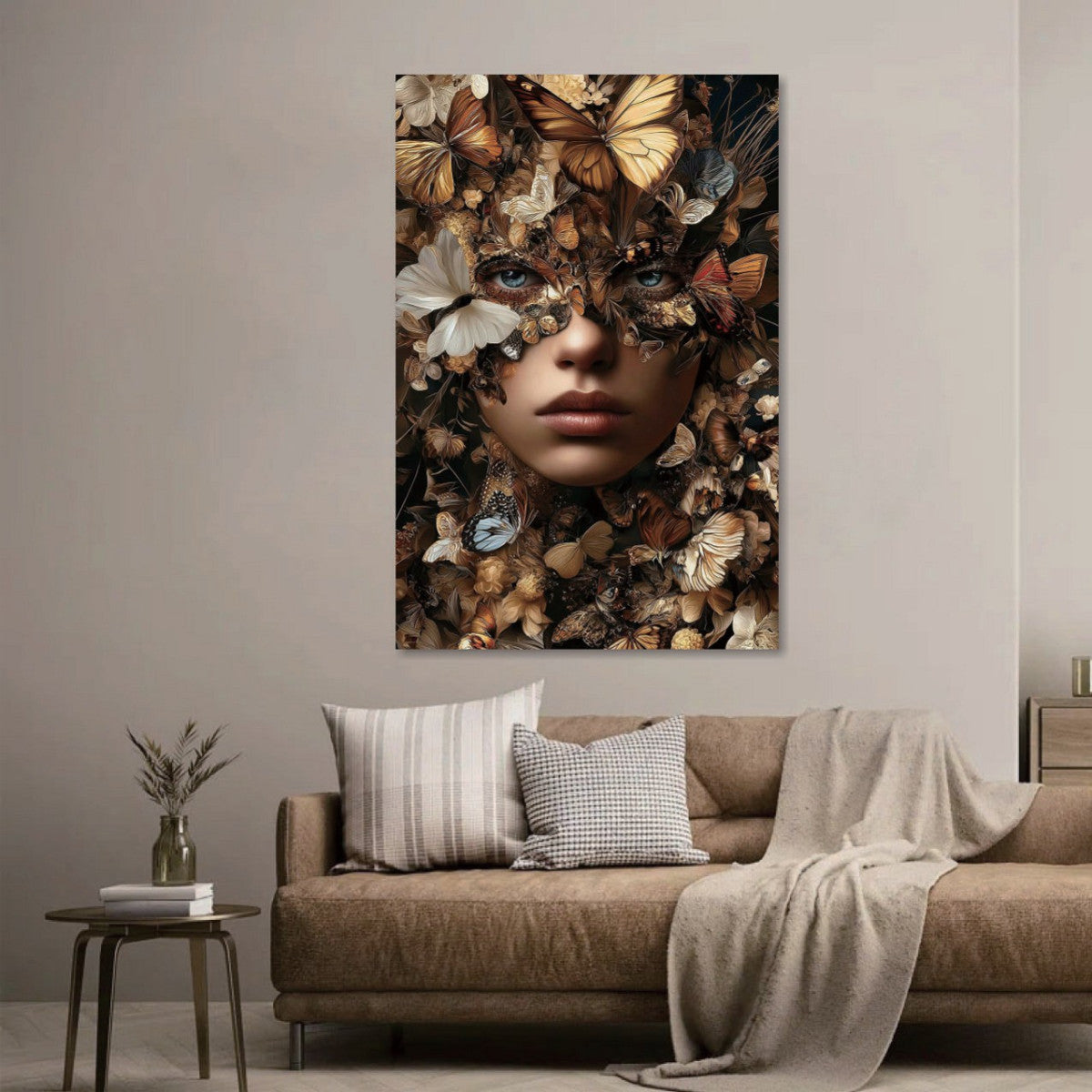Glasbild «Frau in goldenen Schmetterlingen» 80 × 120 cm – Ansicht 2