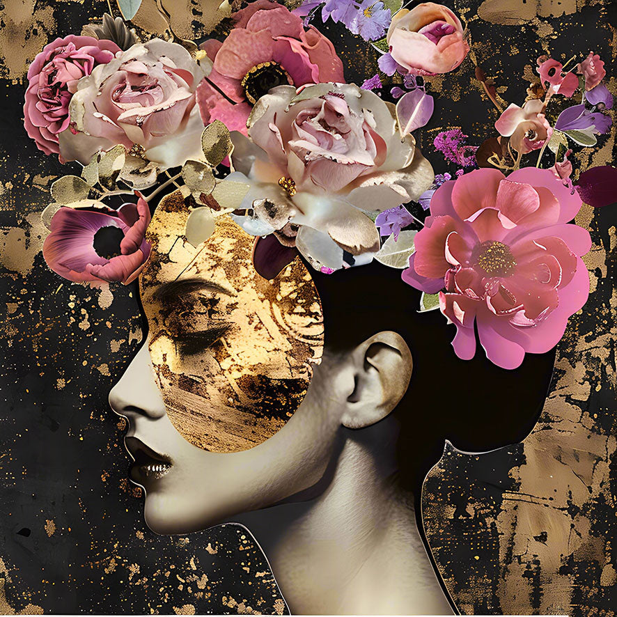 Glasschilderij 80x80cm Vrouw met goud en bloemen