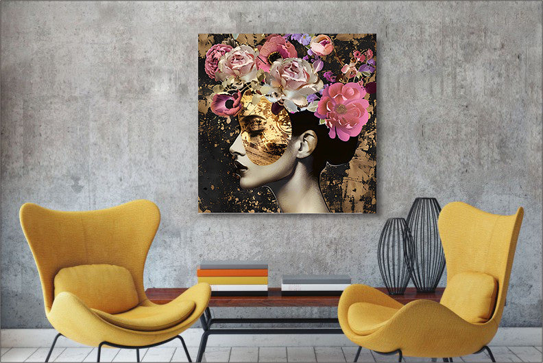 Glasbild «Frau mit Gold und Blumen» 80 × 80 cm – Ansicht 2