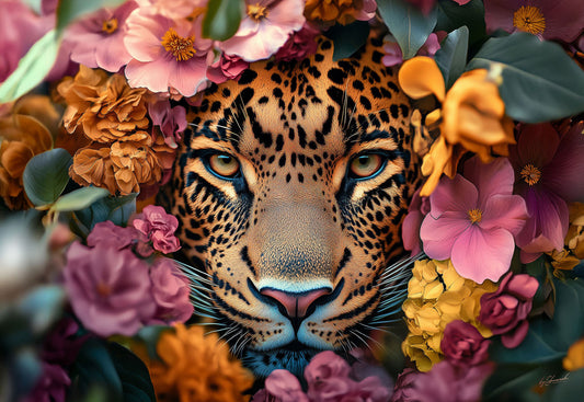 Glasschilderij 160x110cm Panter in bloemenzee