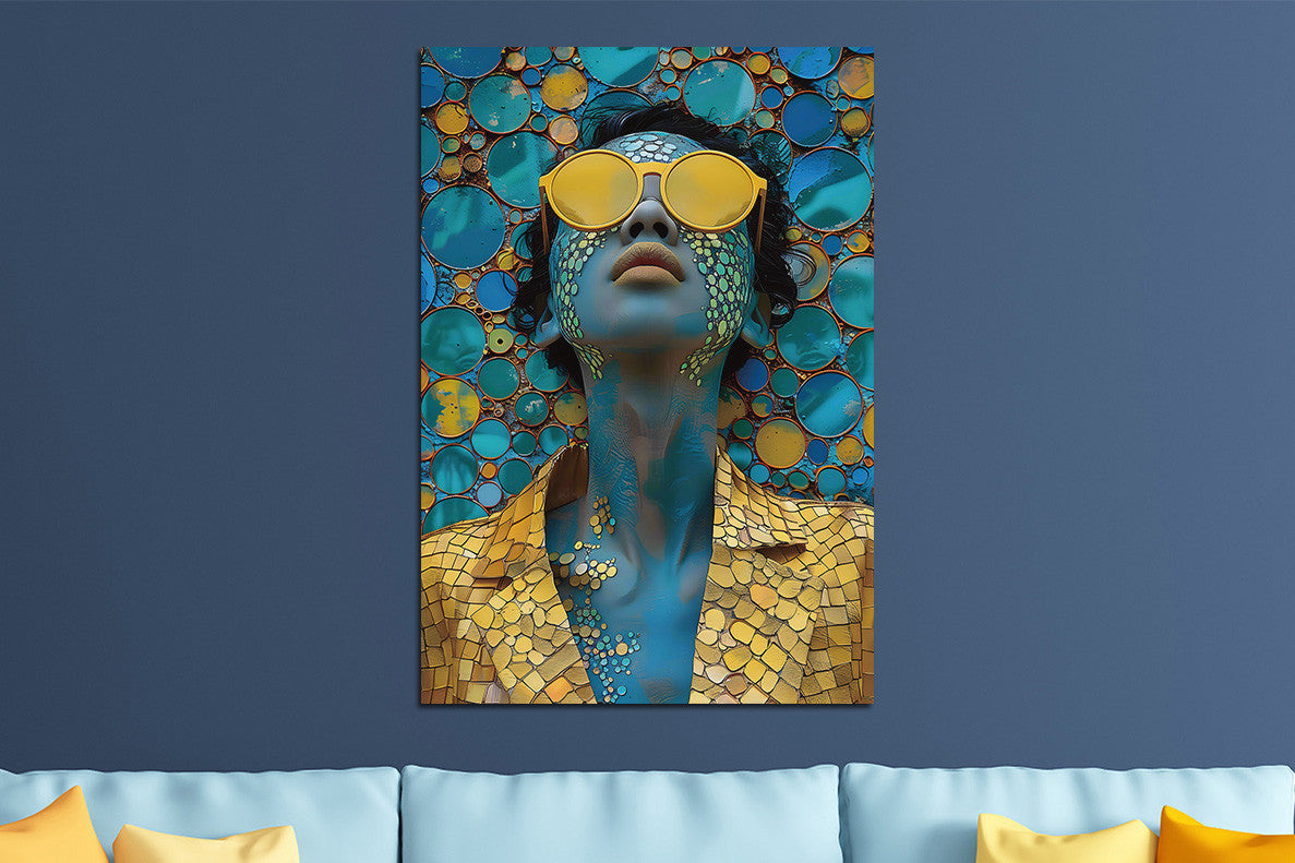 Glasbild 160x110cm Blaue Frau mit goldener Brille