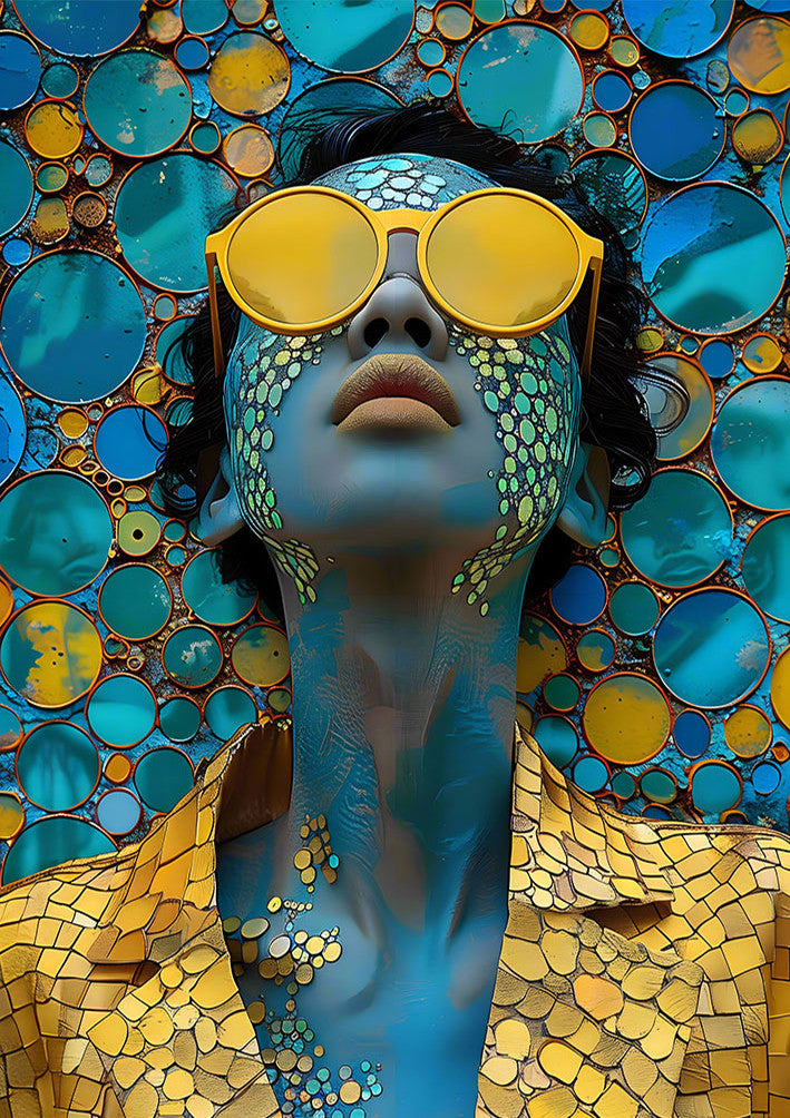 Glasbild «Blaue Frau mit goldener Brille» 160 × 110 cm