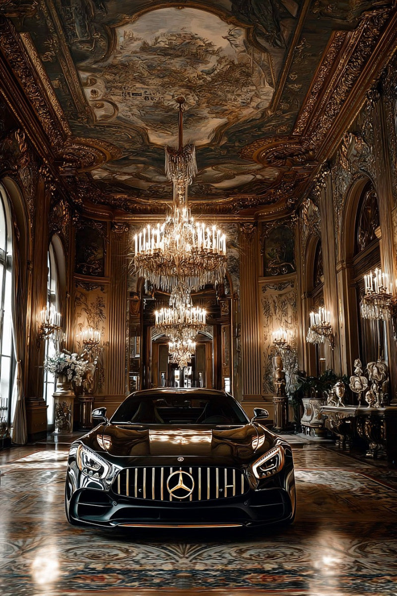 Glasbild «Schwarzes Auto in der Halle» 80 × 120 cm